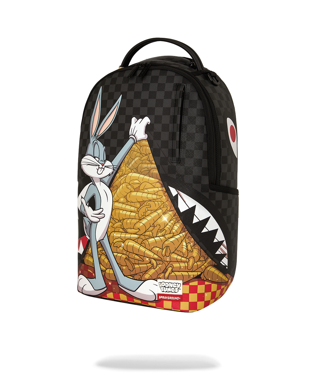 Black checkered mini backpack with Bugs Bunny and carrot stack print on front