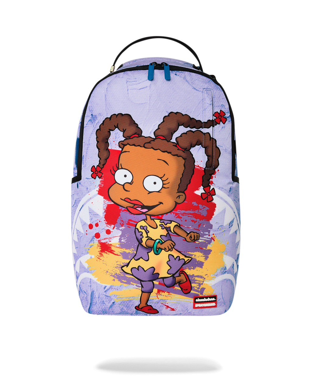 Kids backpack with light purple cartoon art featuring a Rugrats character holding a guitar