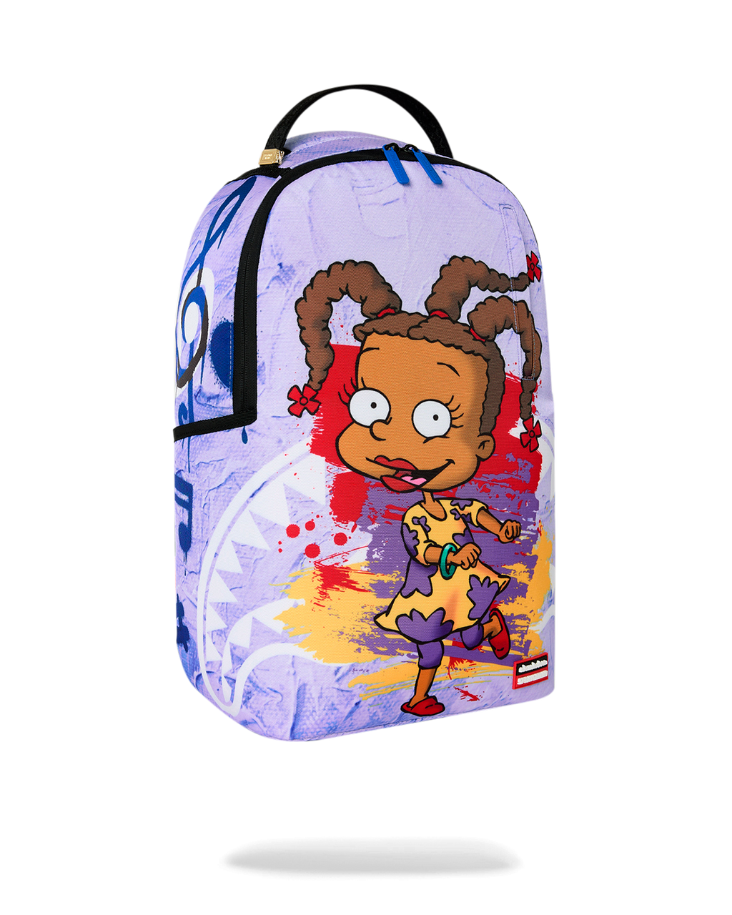 Kids backpack in light purple with Rugrats character graphic and multicolor paint splashes