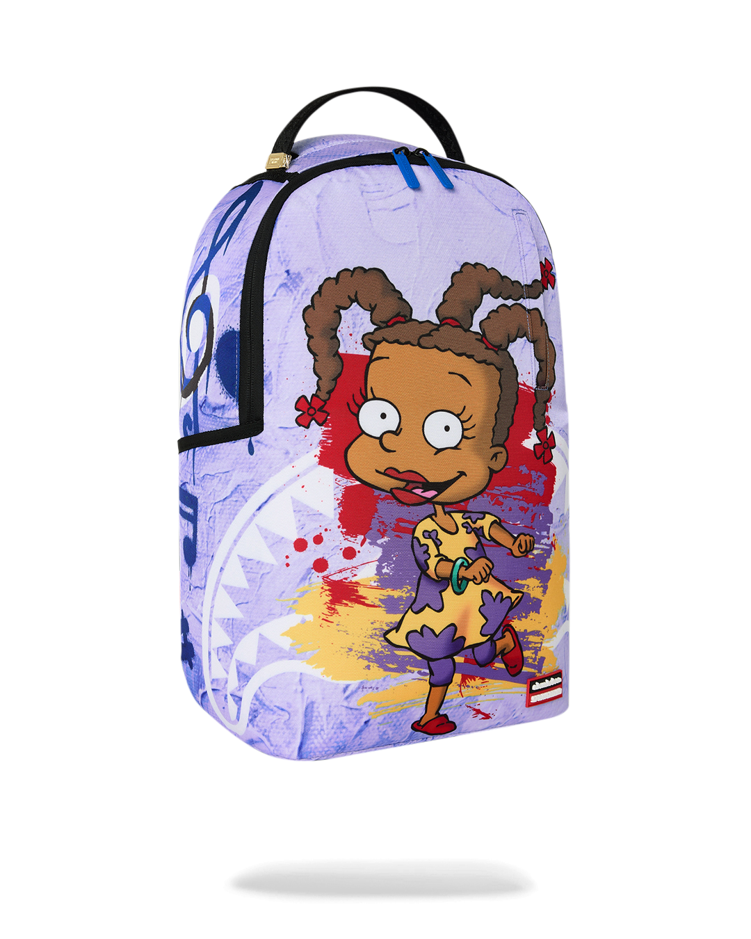 Kids backpack in light purple with Rugrats character graphic and multicolor paint splashes