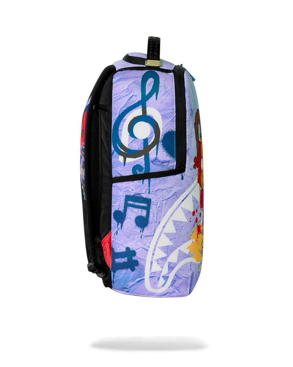 Kids backpack back view with purple graffiti-style music notes and black side panels