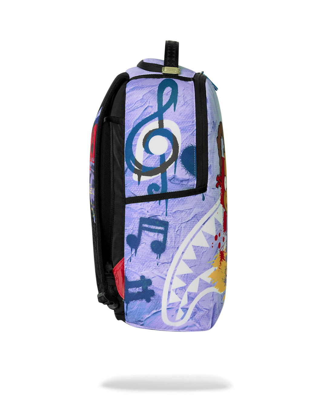 Kids backpack back view with purple graffiti-style music notes and black side panels