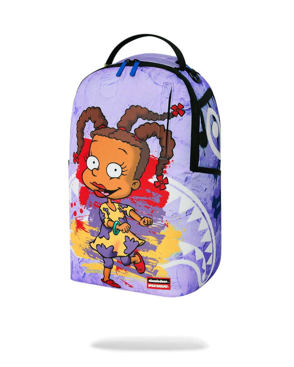 Kids backpack front view with light purple Rugrats character artwork and colorful paint effects