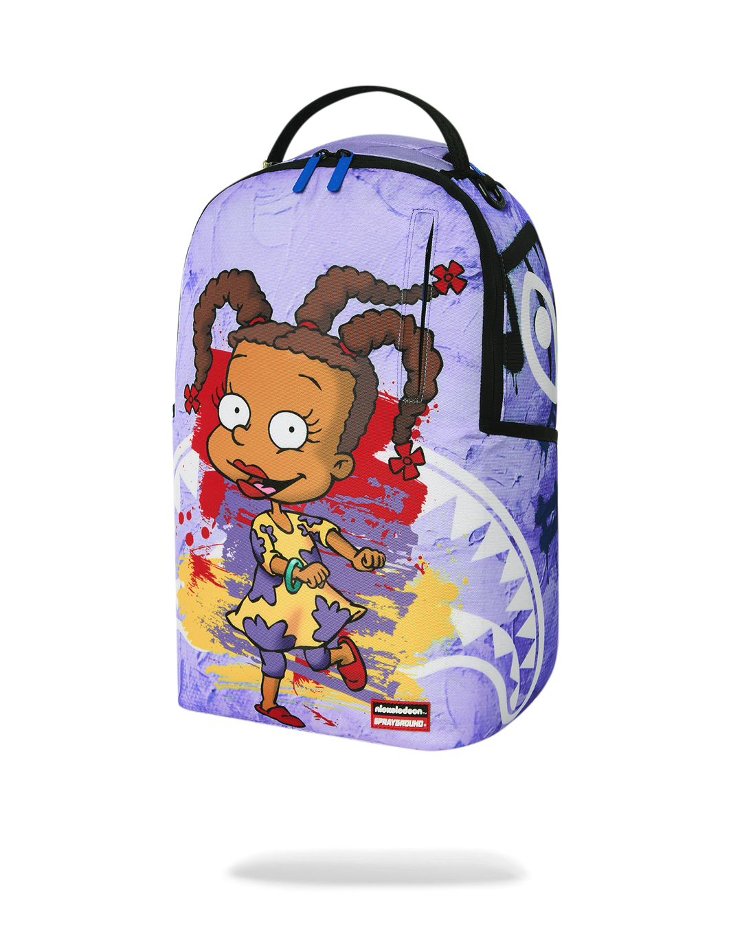 Kids backpack front view with light purple Rugrats character artwork and colorful paint effects