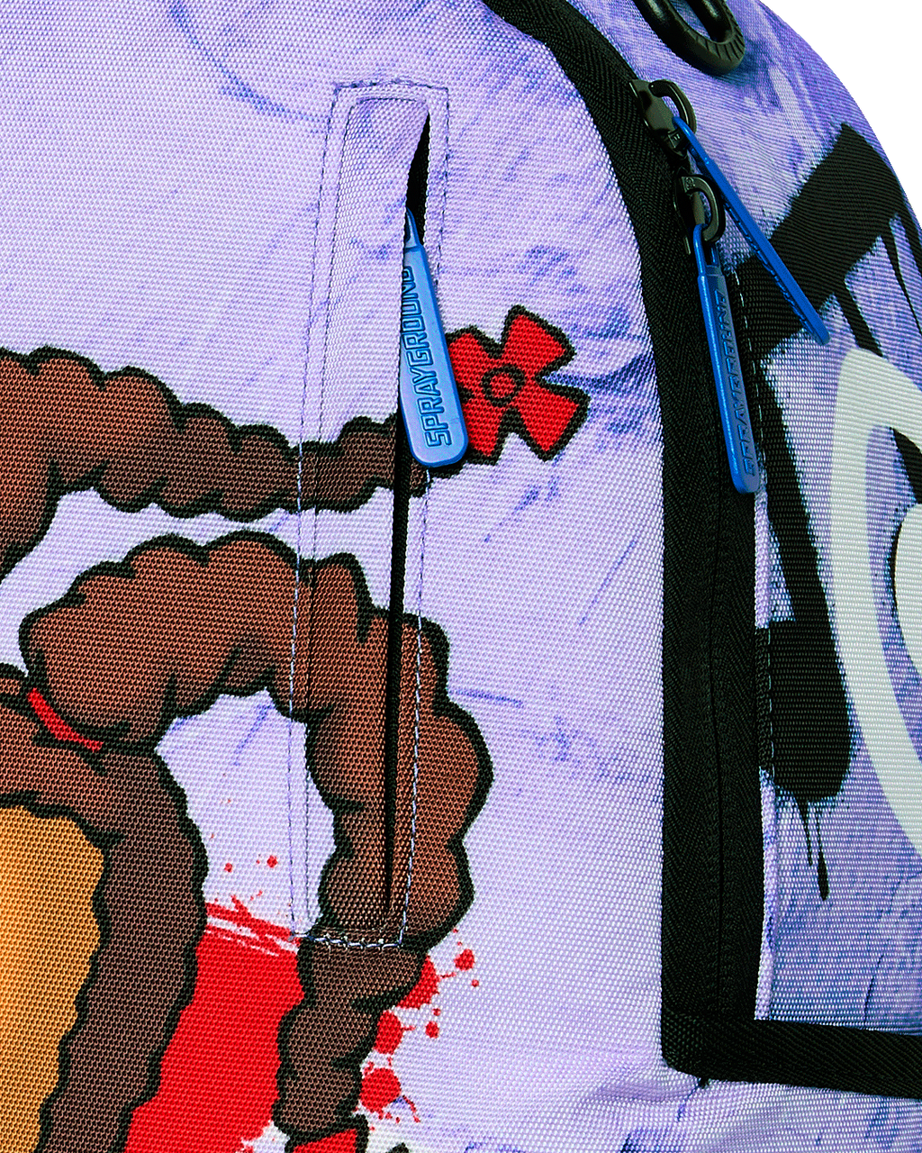 Close-up of kids backpack side panel with blue radiation emblem patch and stitched fabric