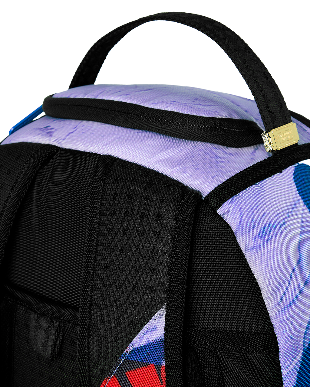 Kids backpack close-up of top handle and black padded shoulder strap