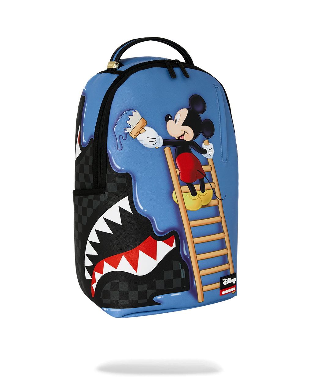 Blue Mickey Mouse backpack with side character graphic and black checker panel