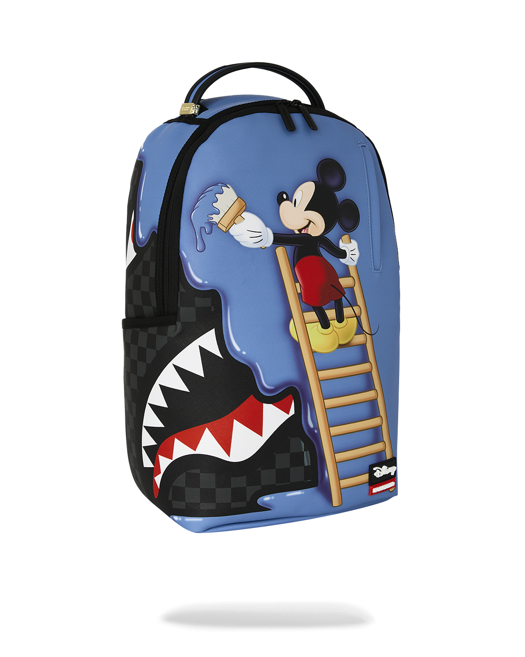 Blue Mickey Mouse backpack with side character graphic and black checker panel