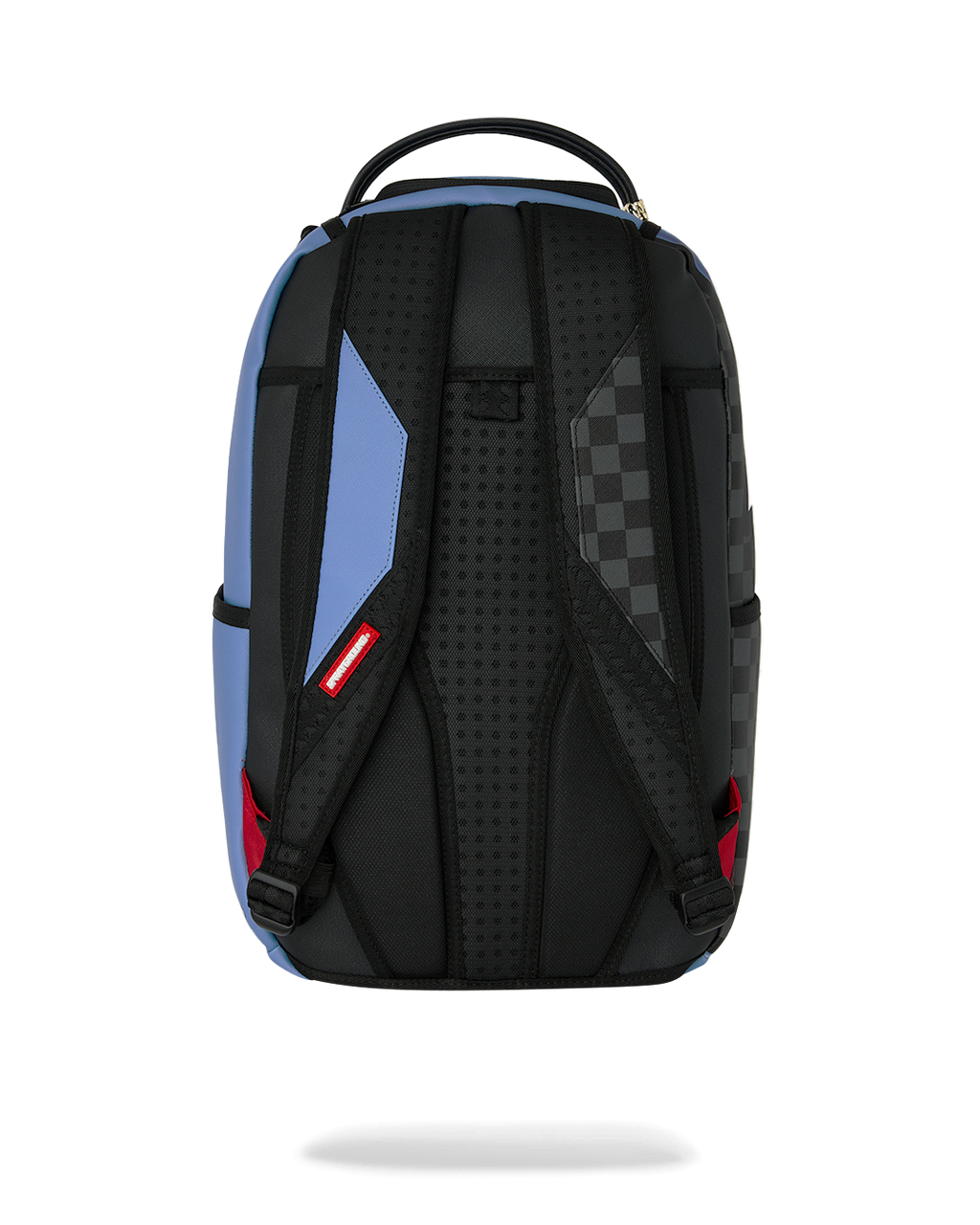 Blue and black backpack back panel with padded straps and red logo patch