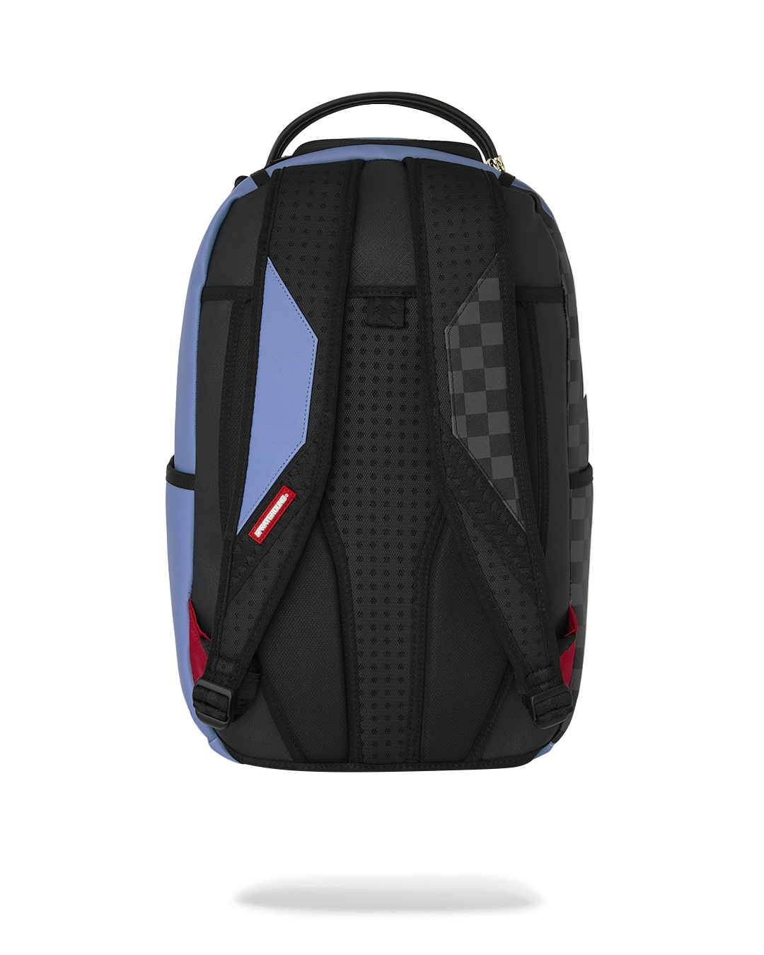 Blue and black backpack back panel with padded straps and red logo patch