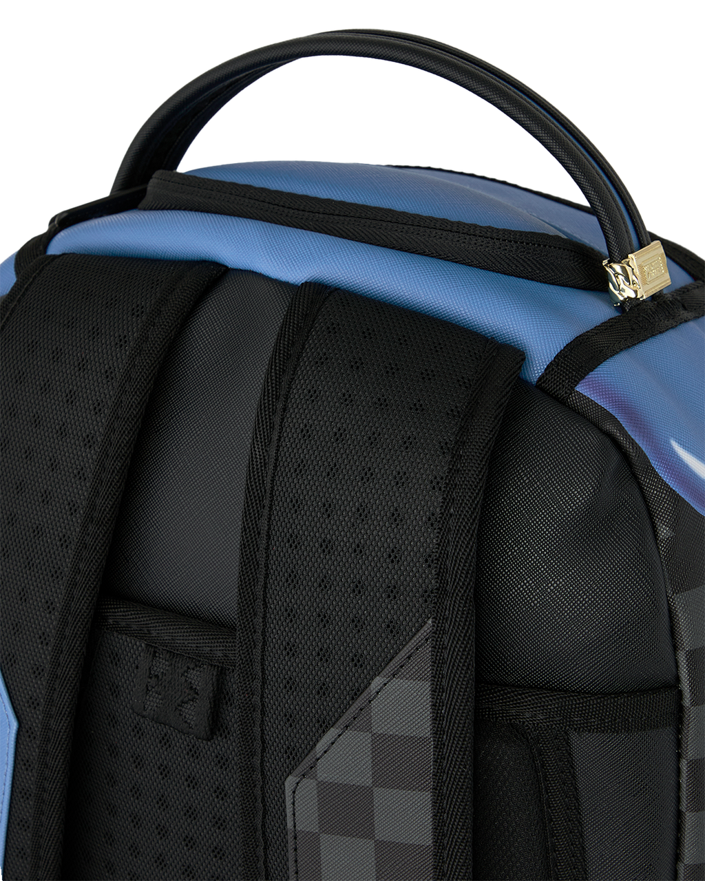 Black padded back panel with mesh texture and divider seams on backpack