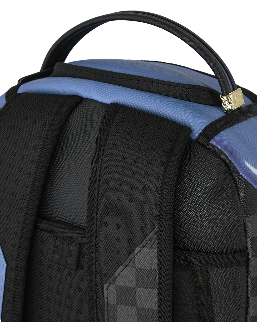 Black padded back panel with mesh texture and divider seams on backpack