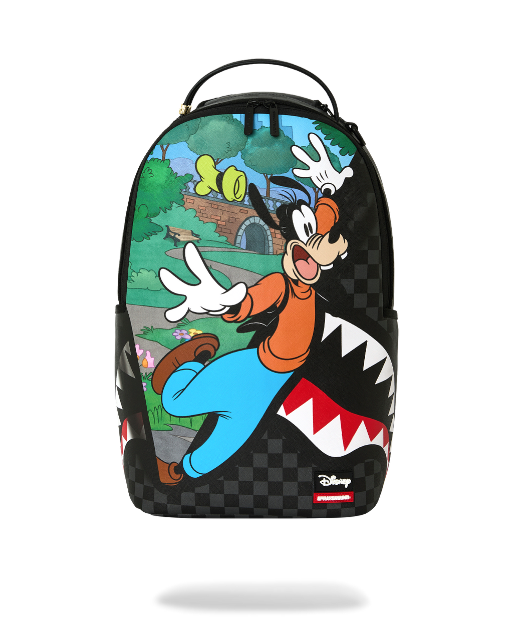 Kids backpack with black checker pattern and Goofy graphic on front pocket