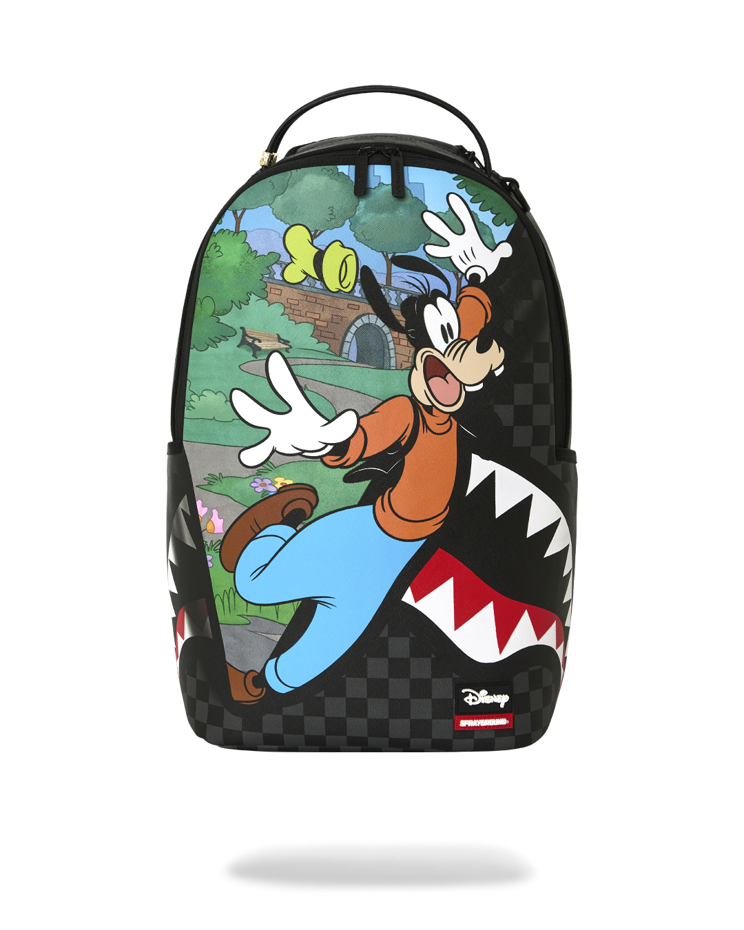 Kids backpack with black checker pattern and Goofy graphic on front pocket