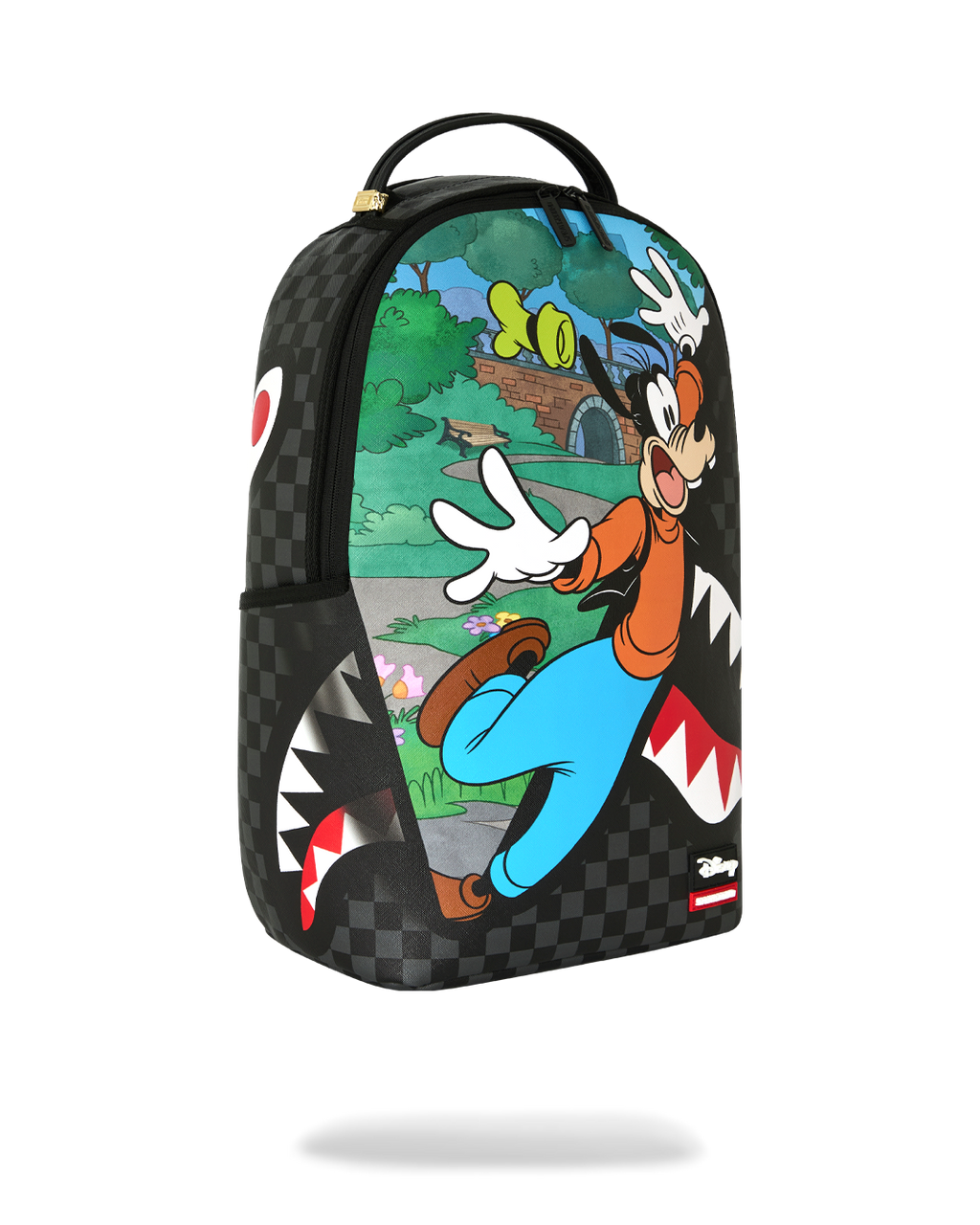 Black checker mini backpack with colorful Goofy and Mickey-style face art