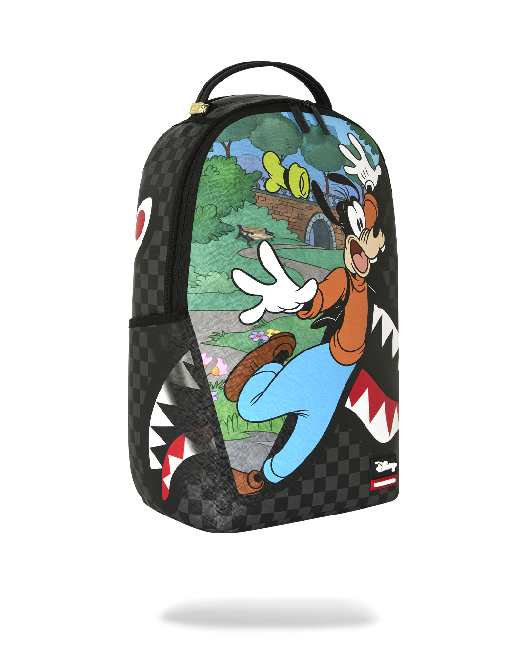 Black checker mini backpack with colorful Goofy and Mickey-style face art