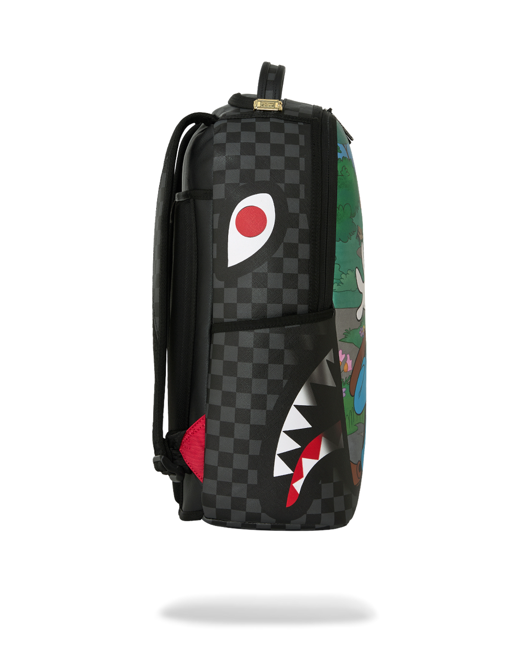 Black checker backpack with side panel, red-and-white shark graphic, and top handle