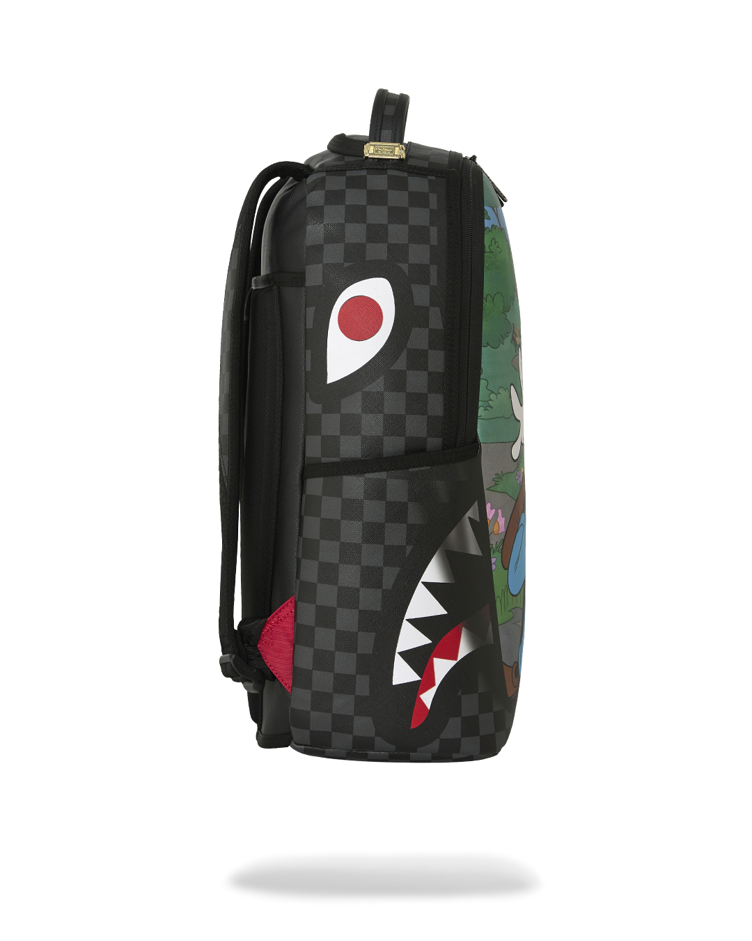 Black checker backpack with side panel, red-and-white shark graphic, and top handle
