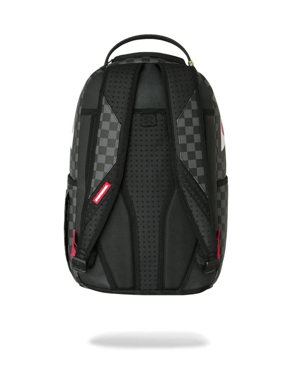 Black checker backpack with padded back panel and adjustable shoulder straps