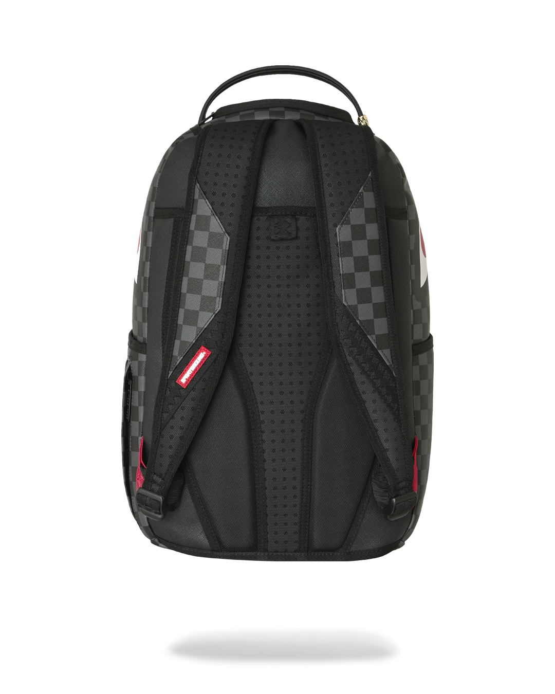 Black checker backpack with padded back panel and adjustable shoulder straps