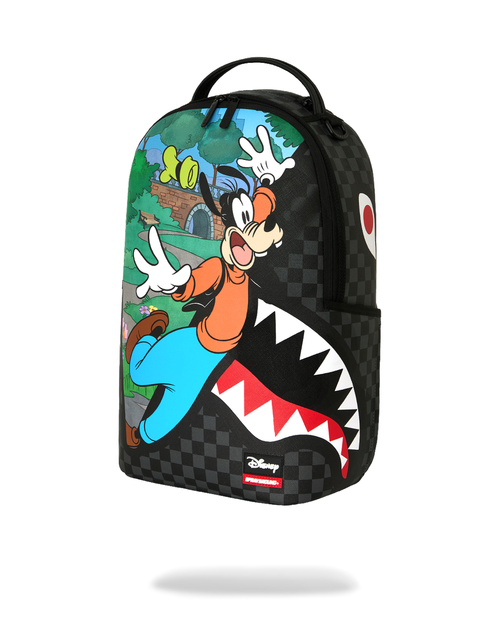 Small black checker backpack featuring Goofy standing graphic on front