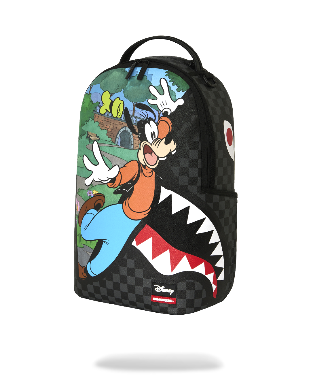 Small black checker backpack featuring Goofy standing graphic on front