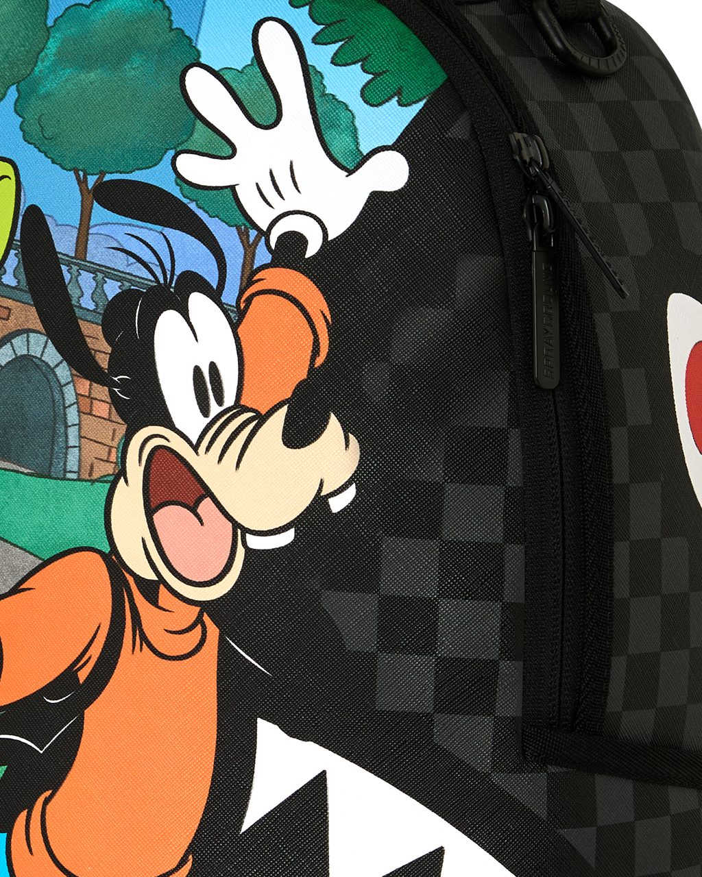 Close-up of black checker backpack with large Goofy print and side zipper pocket