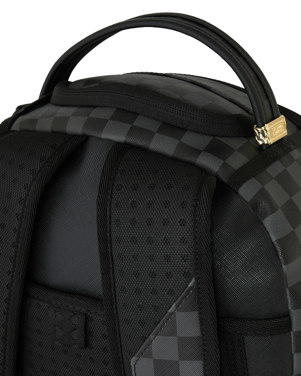 Black checker backpack front with textured padded panels and gold top buckle