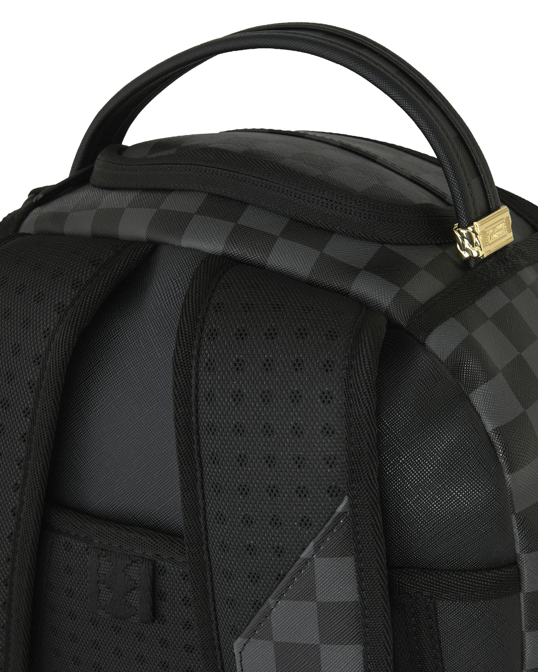 Black checker backpack front with textured padded panels and gold top buckle