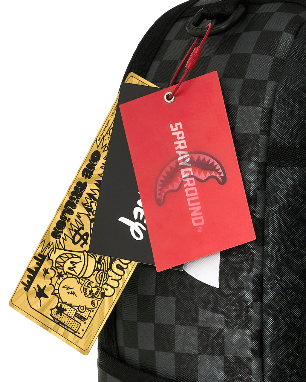 Backpack with two hanging red and gold brand tags on black checker fabric