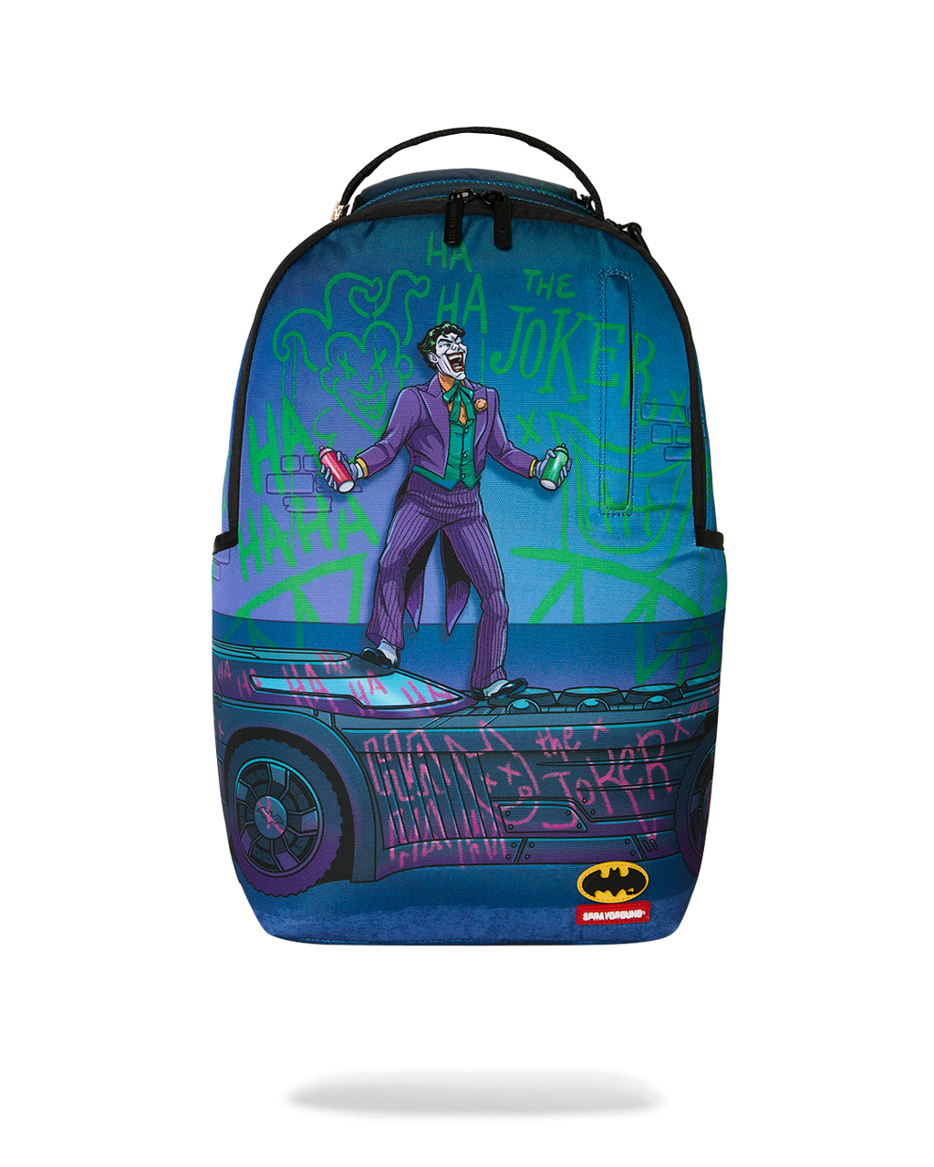 Batman-themed mini backpack with Joker graphic, front zipper, and top handle