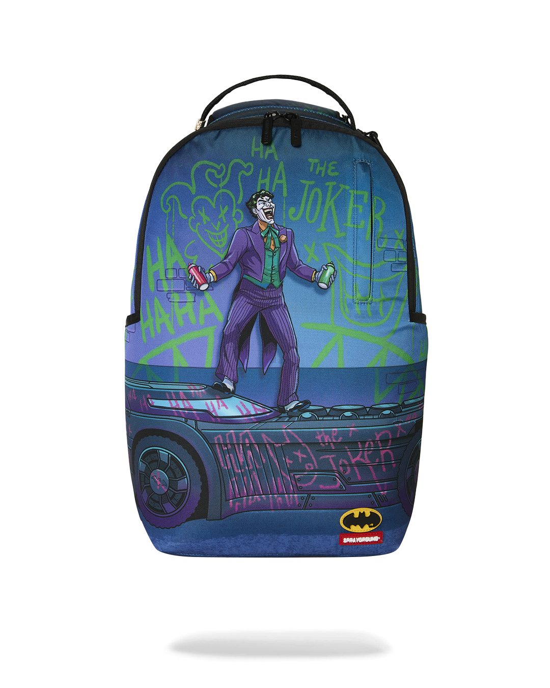 Batman-themed mini backpack with Joker graphic, front zipper, and top handle
