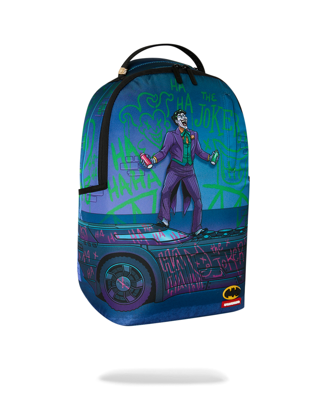 Batman-themed mini backpack with colorful Joker scene and front pocket