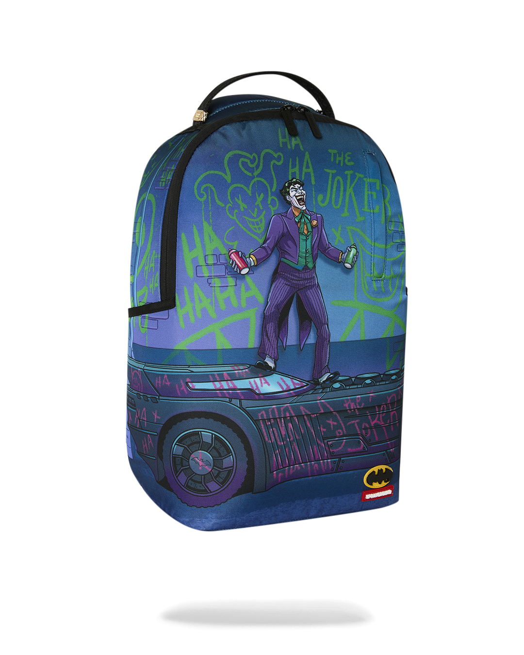 Batman-themed mini backpack with colorful Joker scene and front pocket