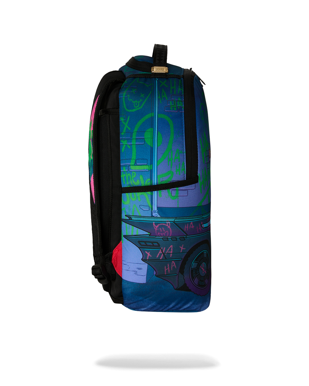Joker graphic mini backpack with black side panels and top loop handle