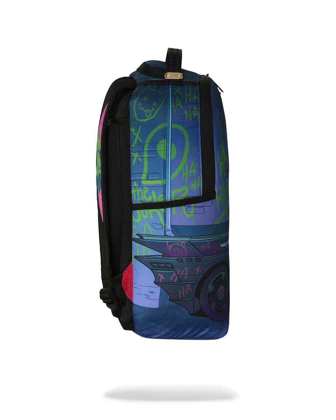 Joker graphic mini backpack with black side panels and top loop handle