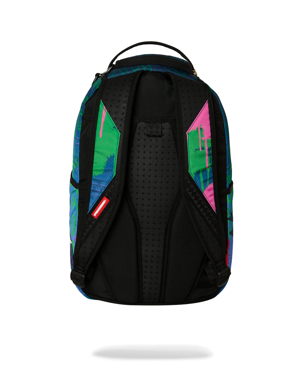 Mini backpack showing black padded back panel with breathable mesh and straps