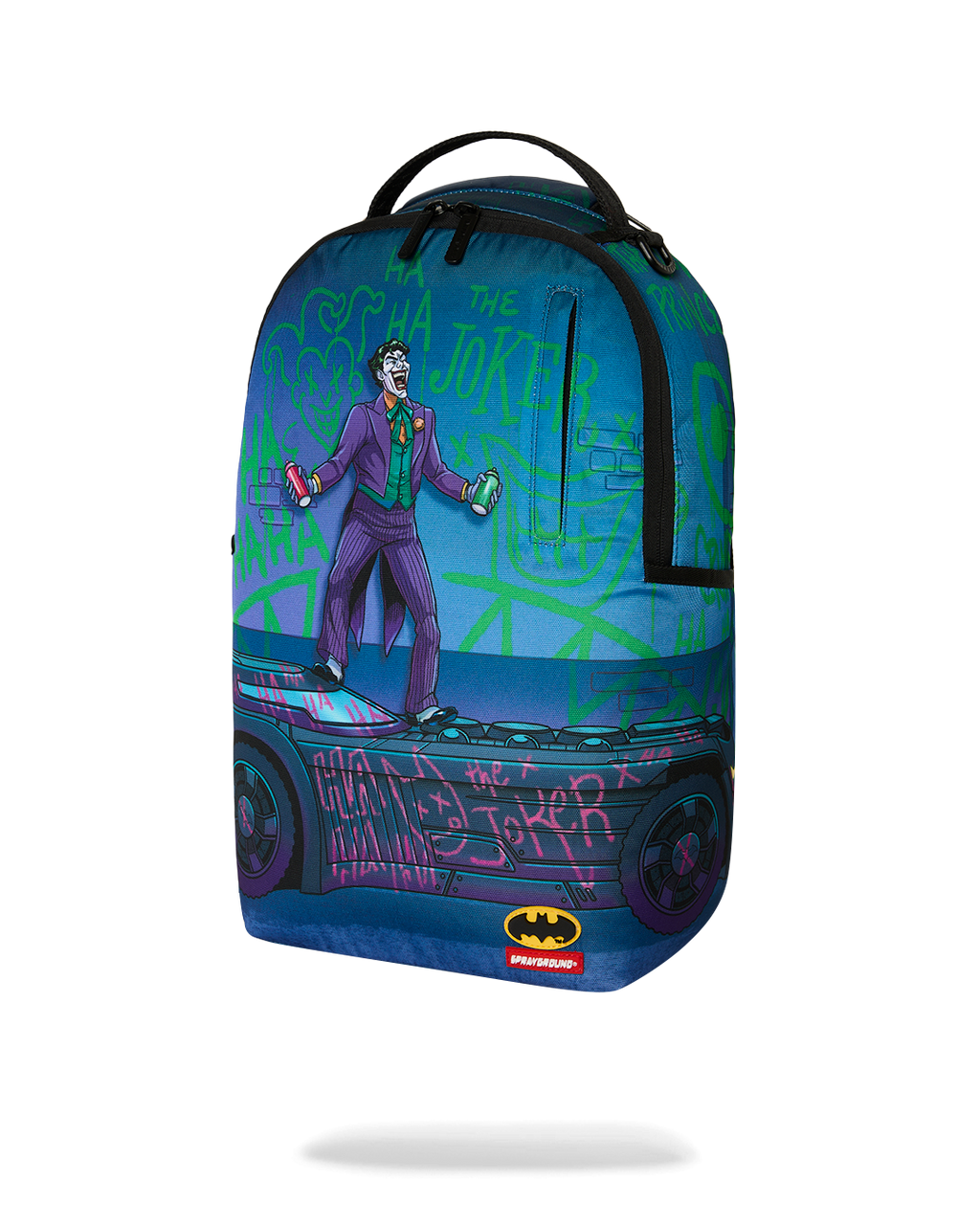 Front view of Batman-themed mini backpack with Joker artwork and small badge