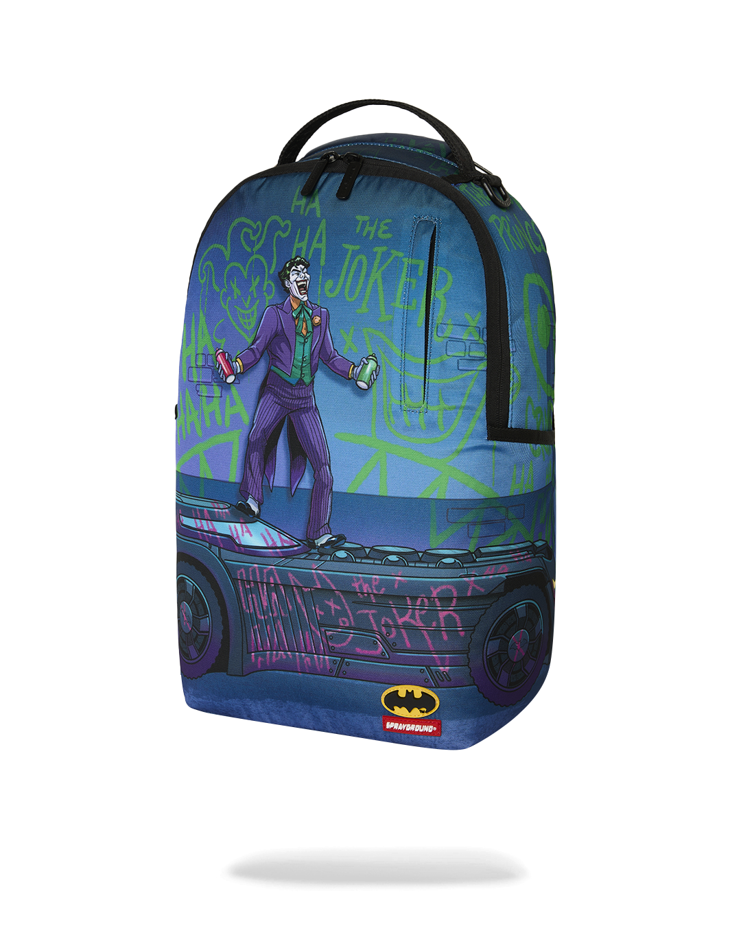 Front view of Batman-themed mini backpack with Joker artwork and small badge