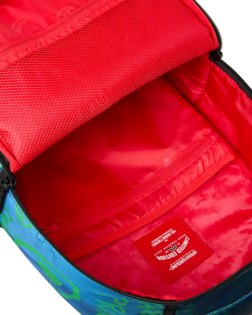 Inside view of mini backpack with red lining and zippered main compartment