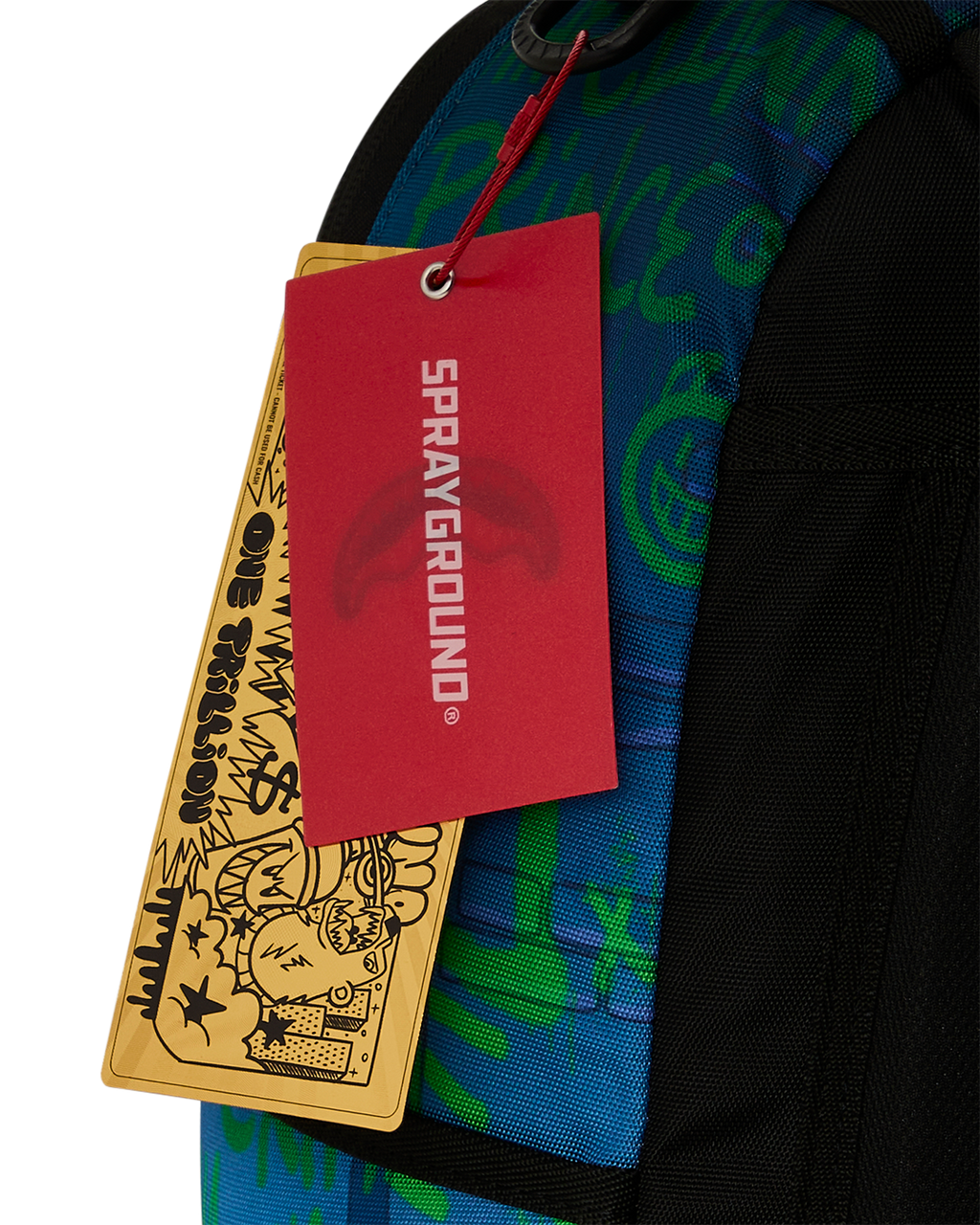 Mini backpack with hanging retail tags on blue Joker pattern fabric
