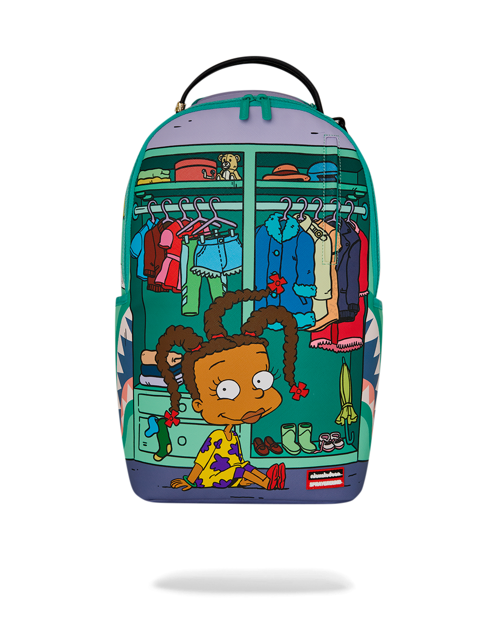 Rugrats-themed mini backpack with character clothing display graphic, teal and purple
