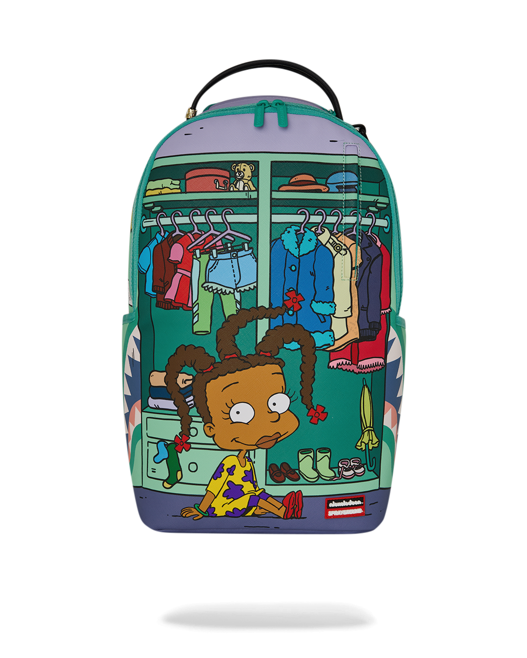Rugrats-themed mini backpack with character clothing display graphic, teal and purple