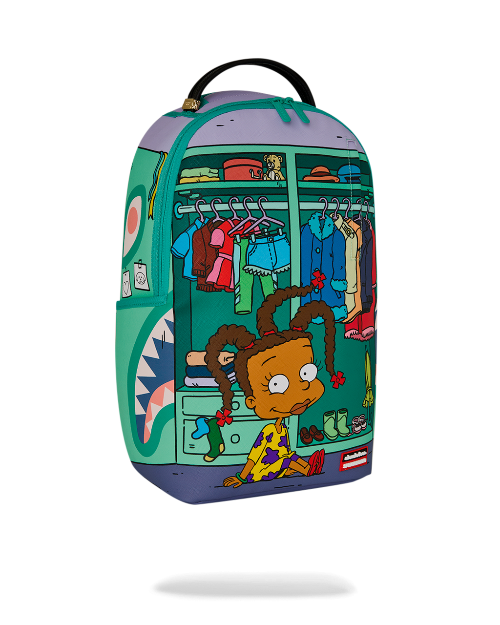 Rugrats mini backpack with side artwork of curly-haired character, teal and purple