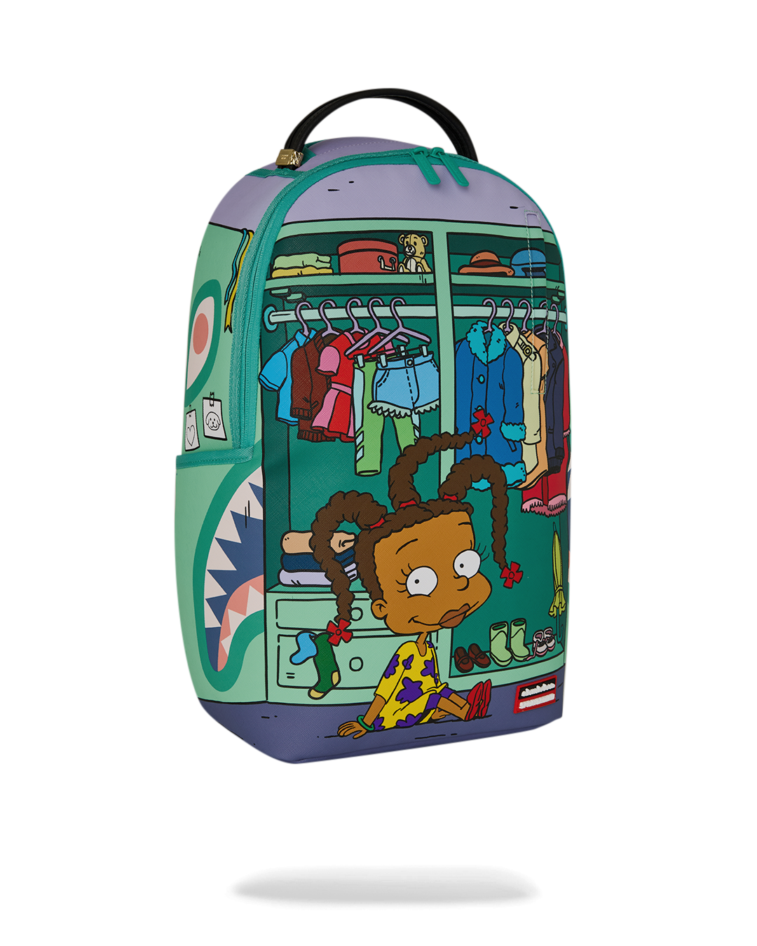 Rugrats mini backpack with side artwork of curly-haired character, teal and purple