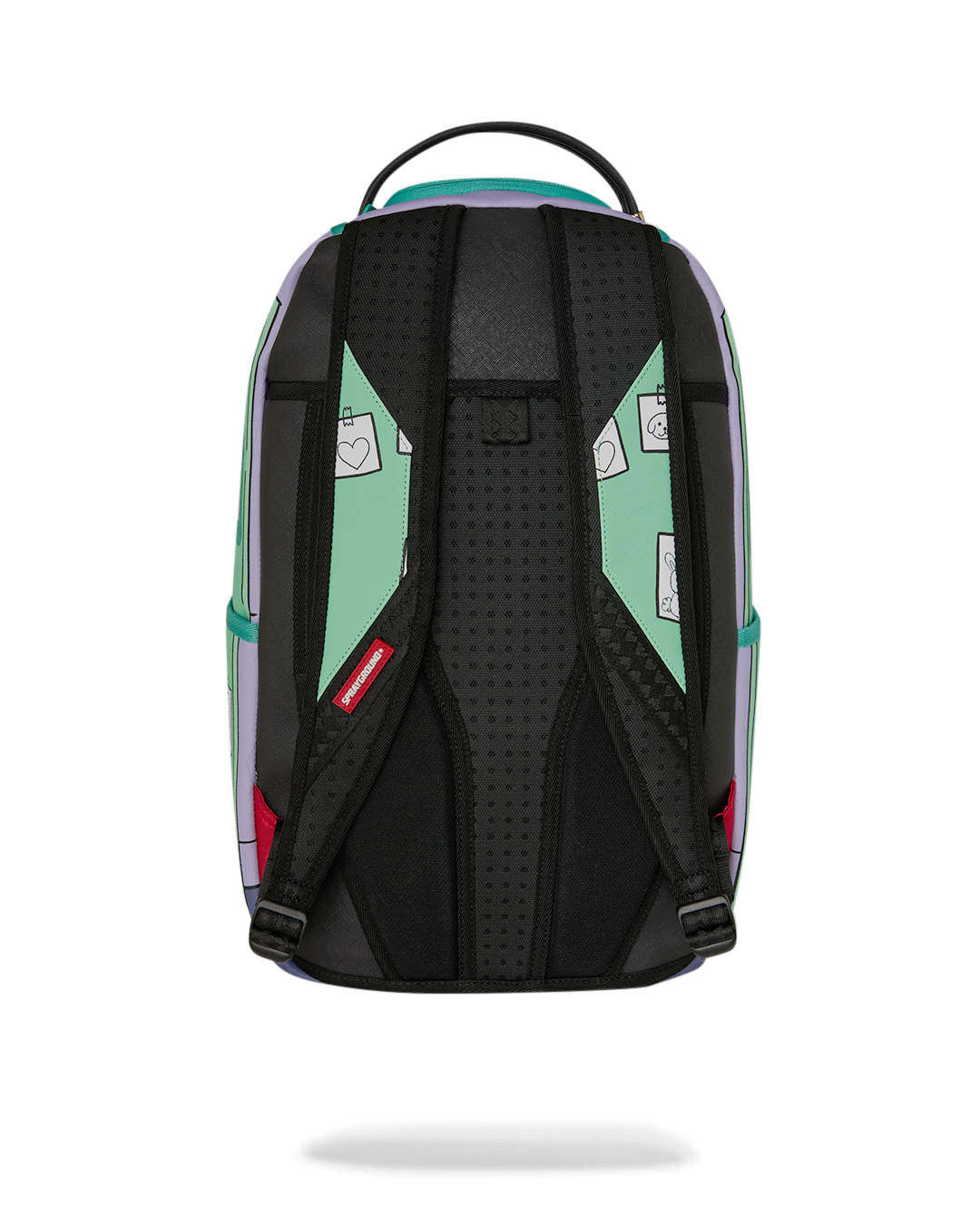 Mini backpack back panel with padded black straps and perforated ventilation texture