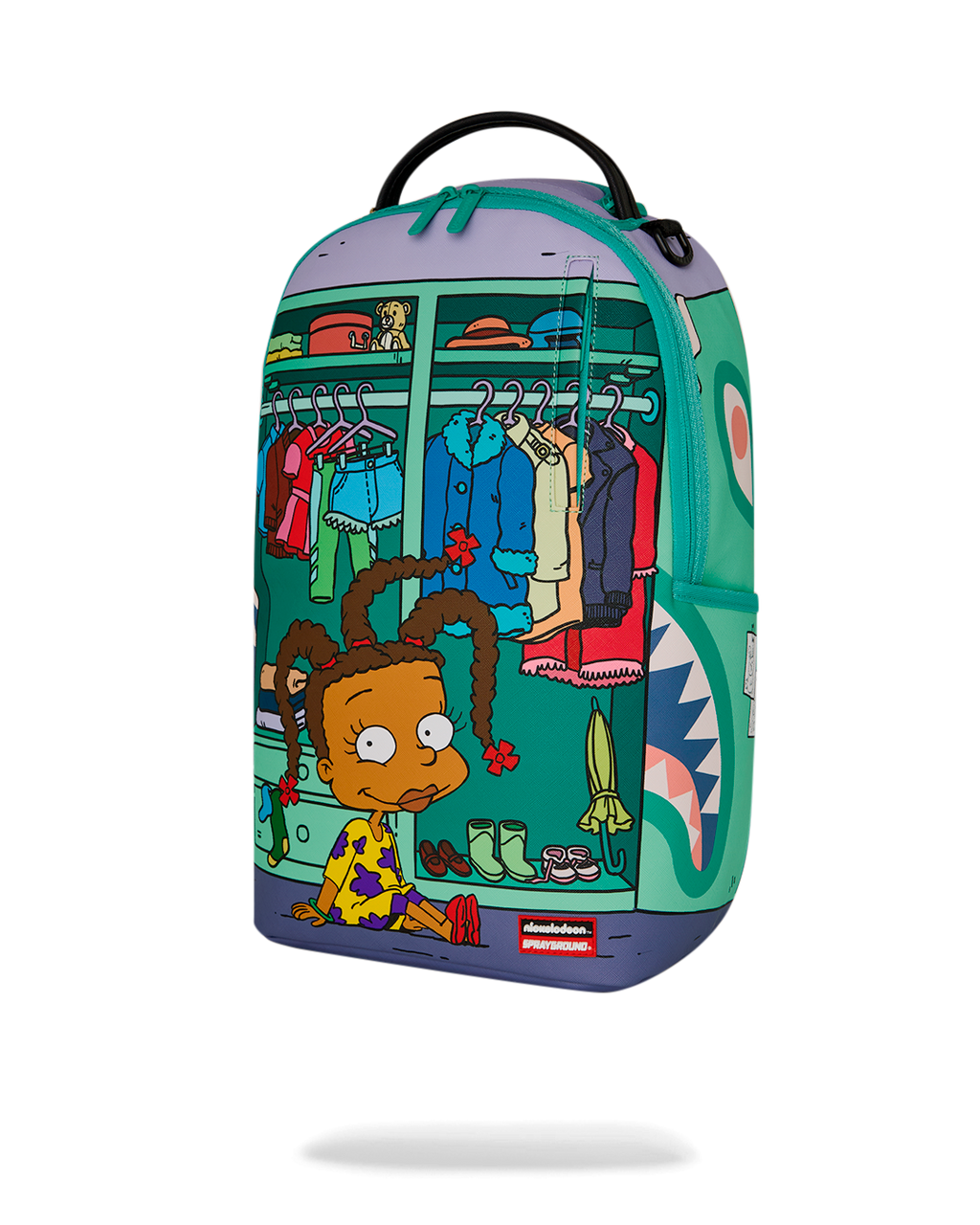 Rugrats mini backpack angled front view with characters on hanging clothes, teal body