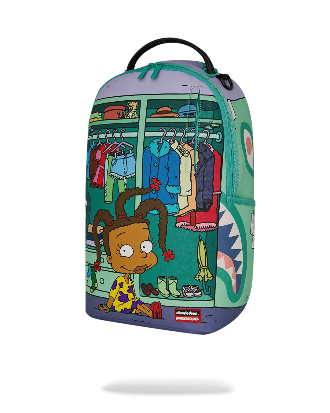 Rugrats mini backpack angled front view with characters on hanging clothes, teal body