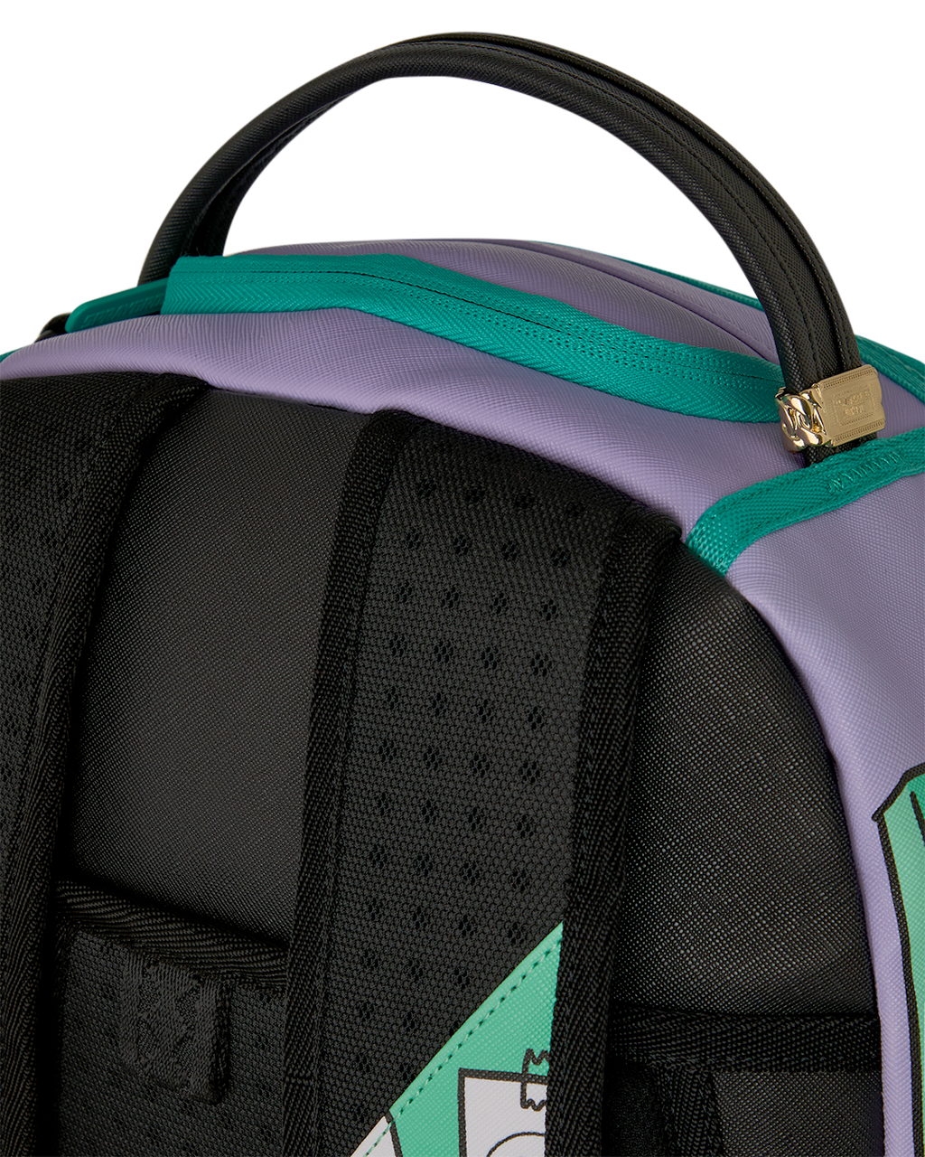 Mini backpack top handle and padded black shoulder straps with perforated texture