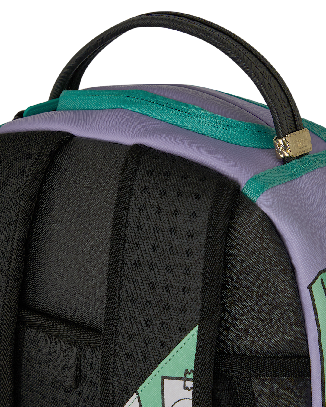 Mini backpack top handle and padded black shoulder straps with perforated texture